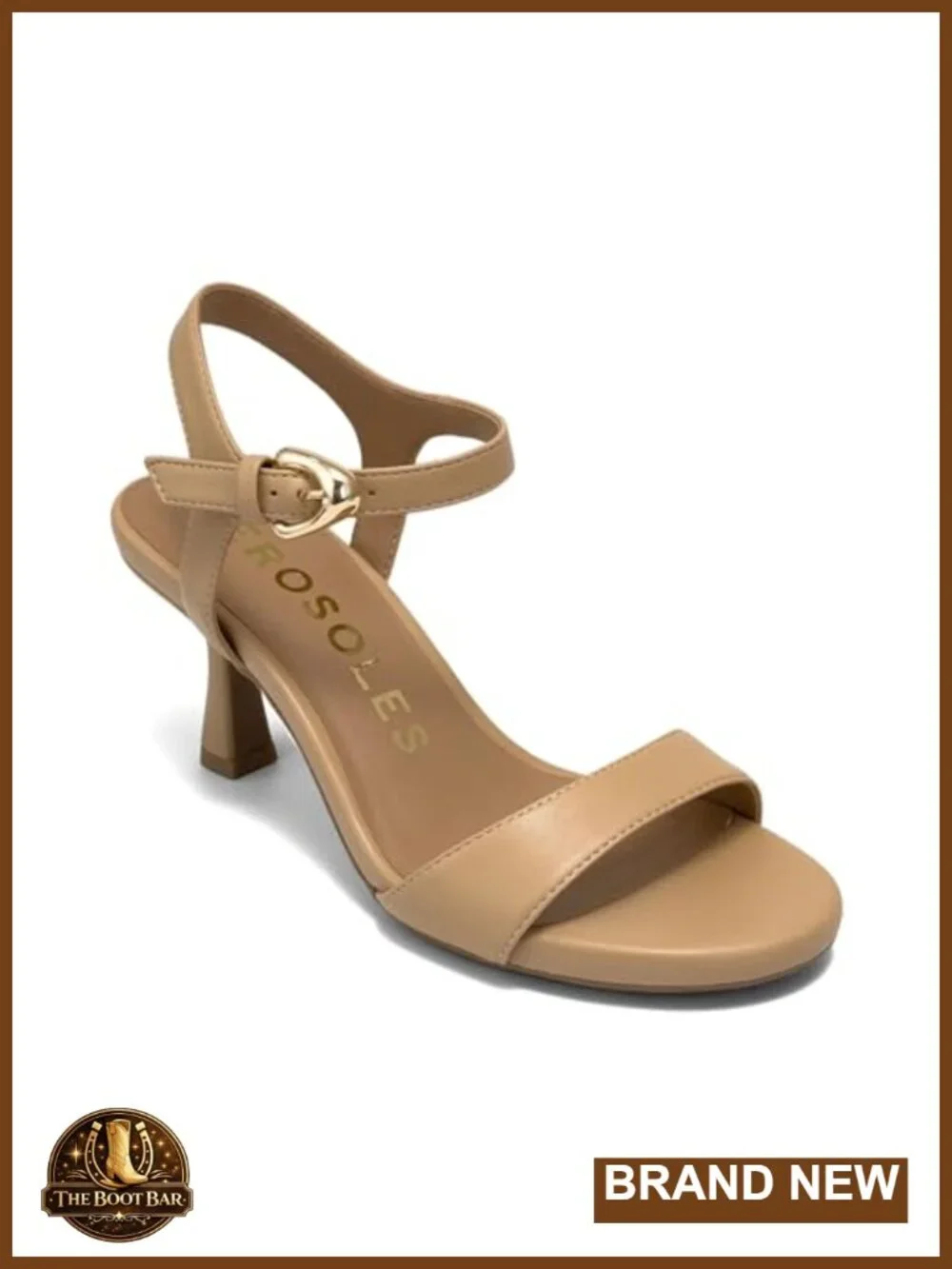 Heeled Sandals with Spool Heel Ankle Strap Faux Leather Memory Foam